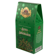 Zielone opakowanie herbaty Basilur z ilustracją elfów pracujących w warsztacie szewca