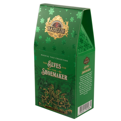 Zielone opakowanie herbaty Basilur z ilustracją elfów pracujących w warsztacie szewca