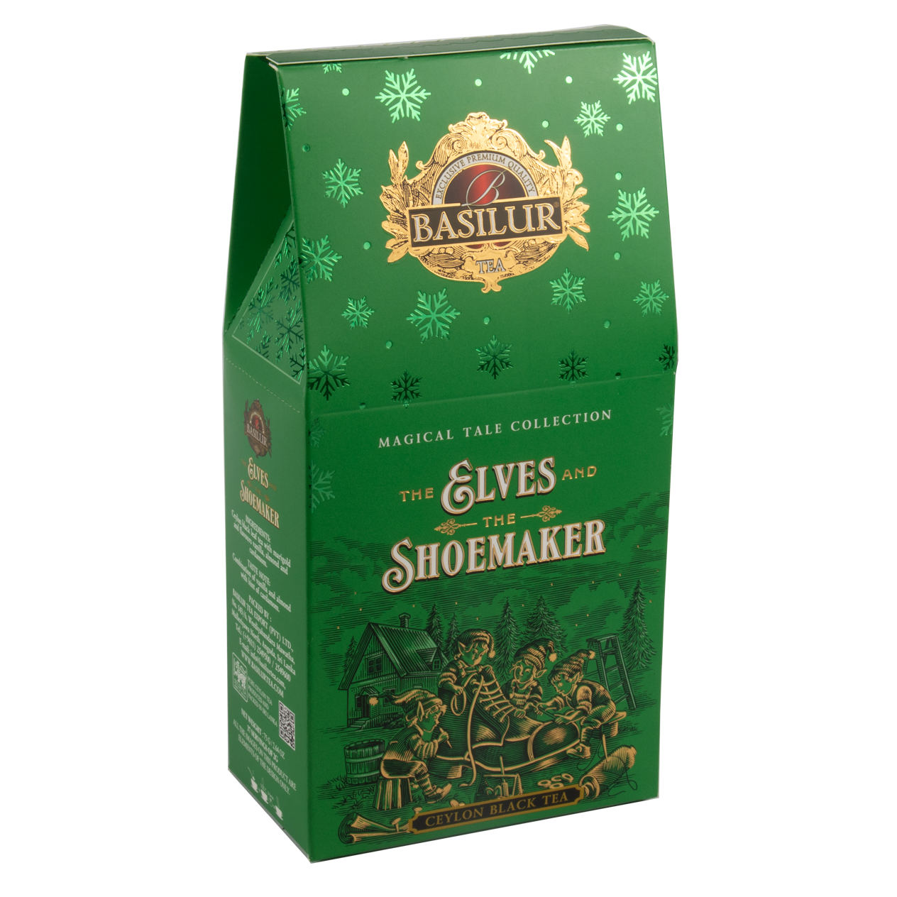 Front zielonego opakowania herbaty Basilur z motywem baśniowym i złotymi detalami