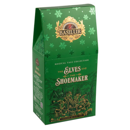 Front zielonego opakowania herbaty Basilur z motywem baśniowym i złotymi detalami
