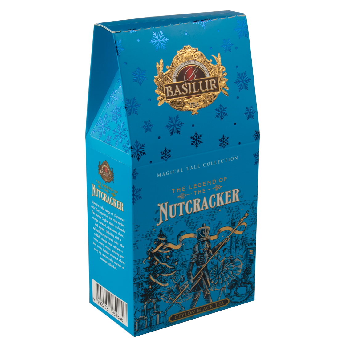 Niebieskie opakowanie herbaty Basilur z ilustracją dziadka do orzechów na tle zimowego krajobrazu