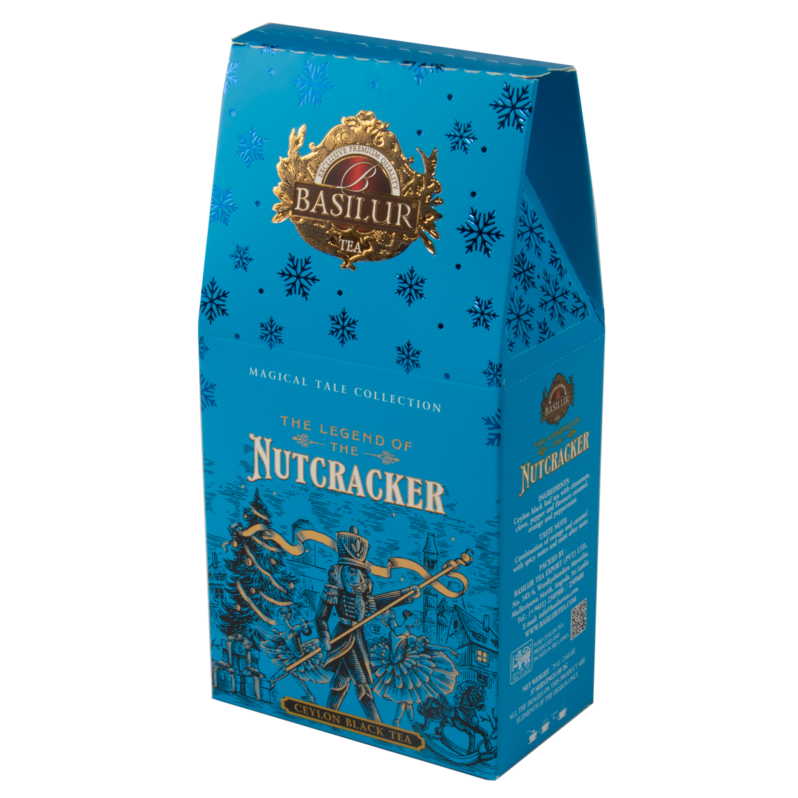 Front niebieskiego opakowania herbaty Basilur z motywem baśniowym i złotymi detalami