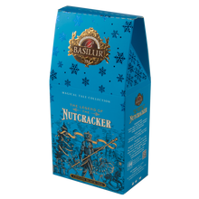 Front niebieskiego opakowania herbaty Basilur z motywem baśniowym i złotymi detalami