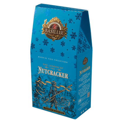 Front niebieskiego opakowania herbaty Basilur z motywem baśniowym i złotymi detalami