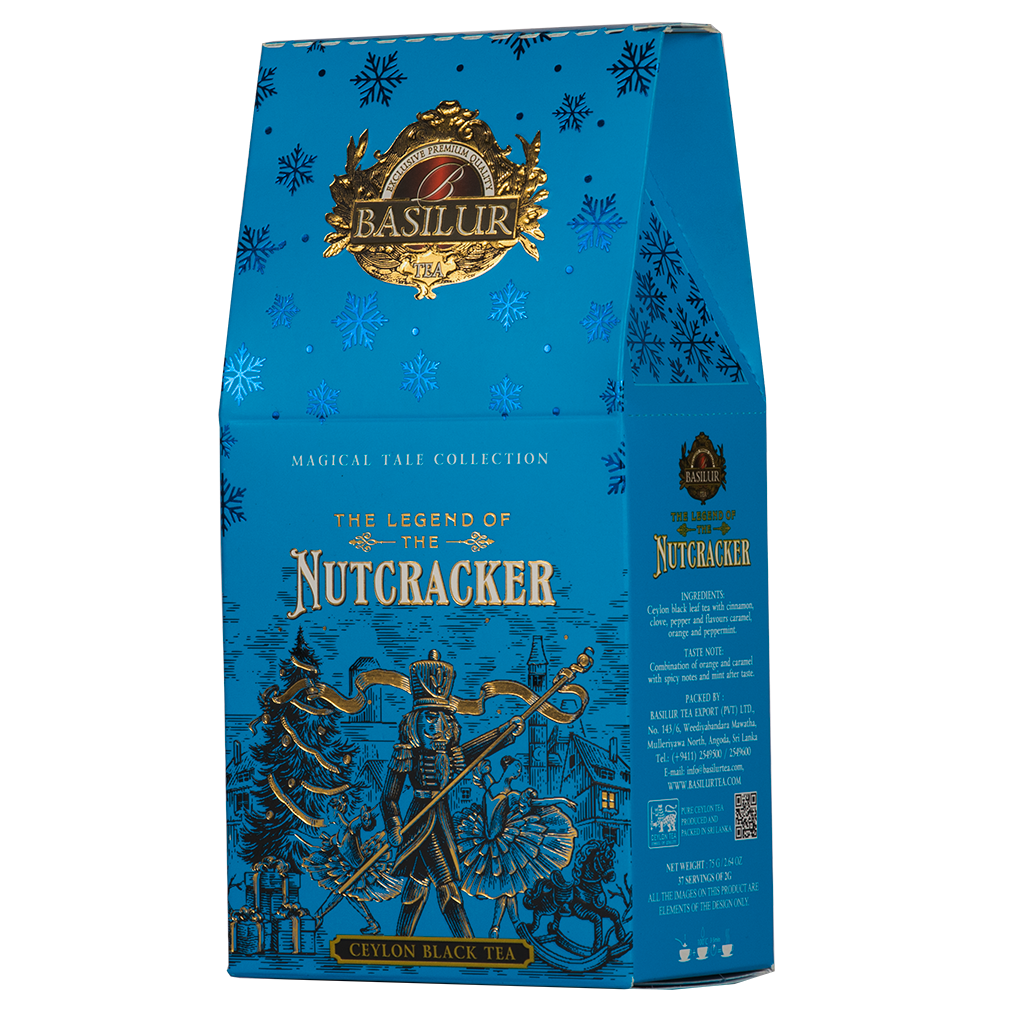 Niebieskie opakowanie herbaty Basilur The Legend of the Nutcracker z kolekcji Magical Tale Collection.
