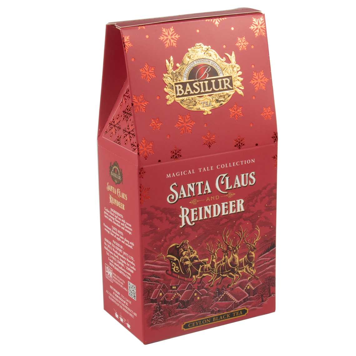 Herbata czarna Basilur Santa Claus And Reindeer w czerwonym, świątecznym opakowaniu z motywem Mikołaja i reniferów, idealna na prezent.
