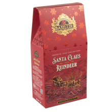 Herbata czarna Basilur Santa Claus And Reindeer w czerwonym, świątecznym opakowaniu z motywem Mikołaja i reniferów, idealna na prezent.