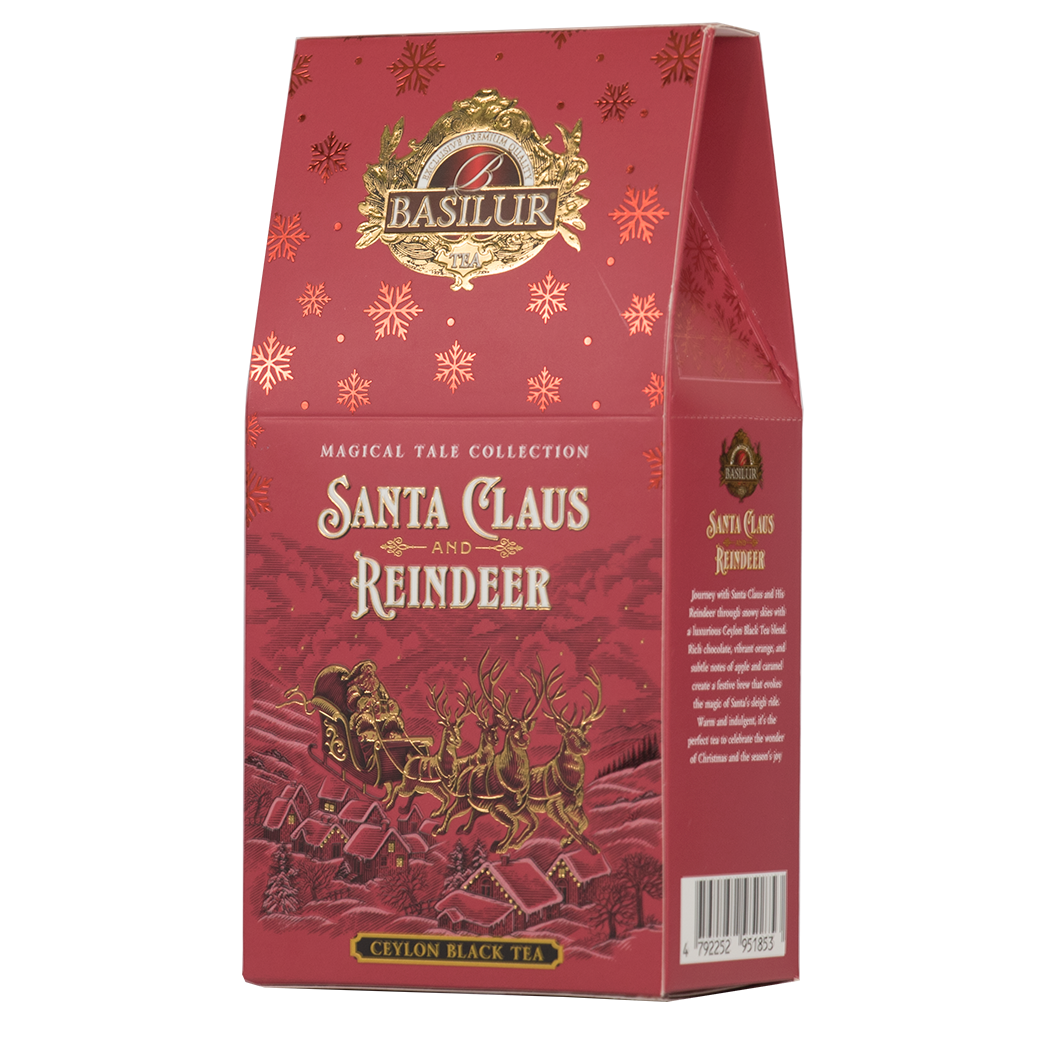 Herbata czarna Basilur Santa Claus And Reindeer w czerwonym, świątecznym opakowaniu z motywem Mikołaja i reniferów, idealna na prezent.