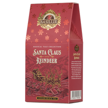 Herbata czarna Basilur Santa Claus And Reindeer w czerwonym, świątecznym opakowaniu z motywem Mikołaja i reniferów, idealna na prezent.