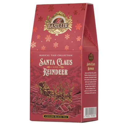 Herbata czarna Basilur Santa Claus And Reindeer w czerwonym, świątecznym opakowaniu z motywem Mikołaja i reniferów, idealna na prezent.
