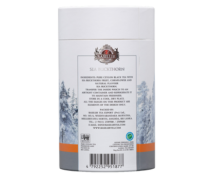 Tyl opakowania herbaty Basilur Sea Buckthorn z informacjami o skladnikach.