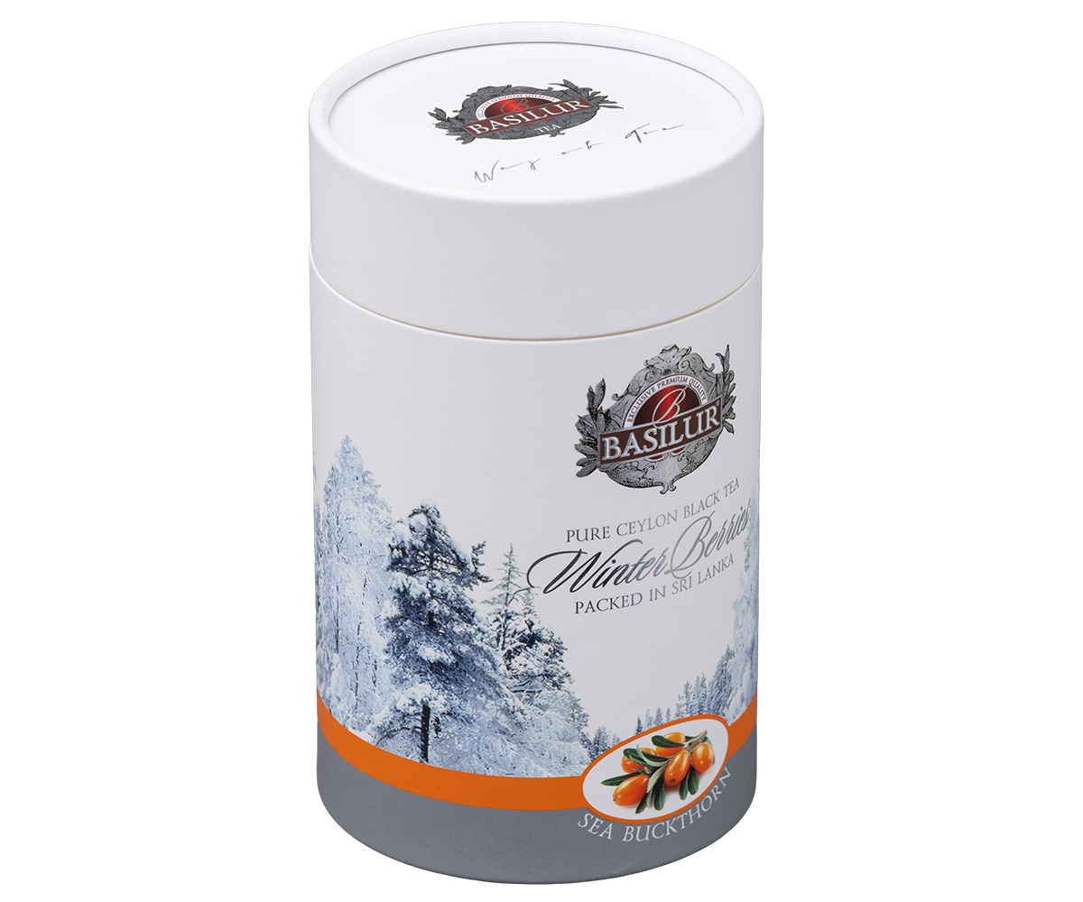 Tuba herbaty Basilur Winter Berries Sea Buckthorn z zimową grafiką jako elegancki produkt premium