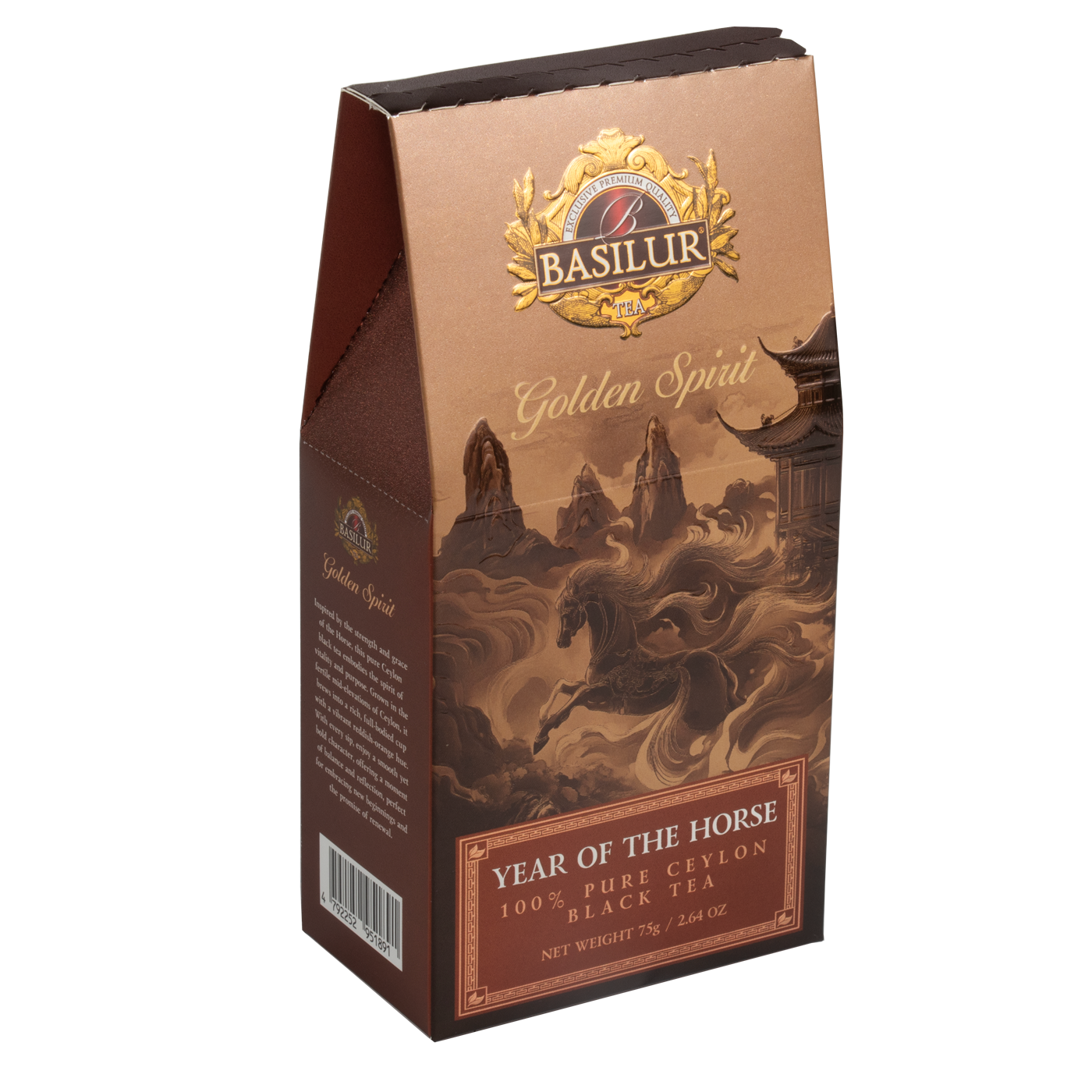 Opakowanie herbaty Basilur Year of the Horse z motywem konia i napisem Golden Spirit.