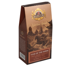 Opakowanie herbaty Basilur Year of the Horse z motywem konia i napisem Golden Spirit.