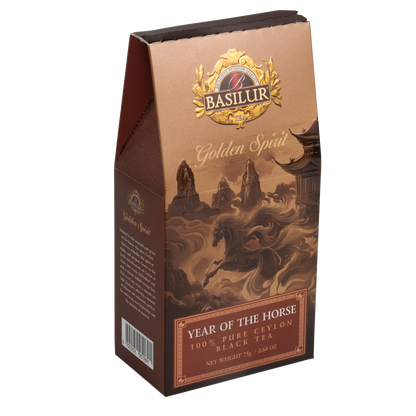 Opakowanie herbaty Basilur Year of the Horse z motywem konia i napisem Golden Spirit.