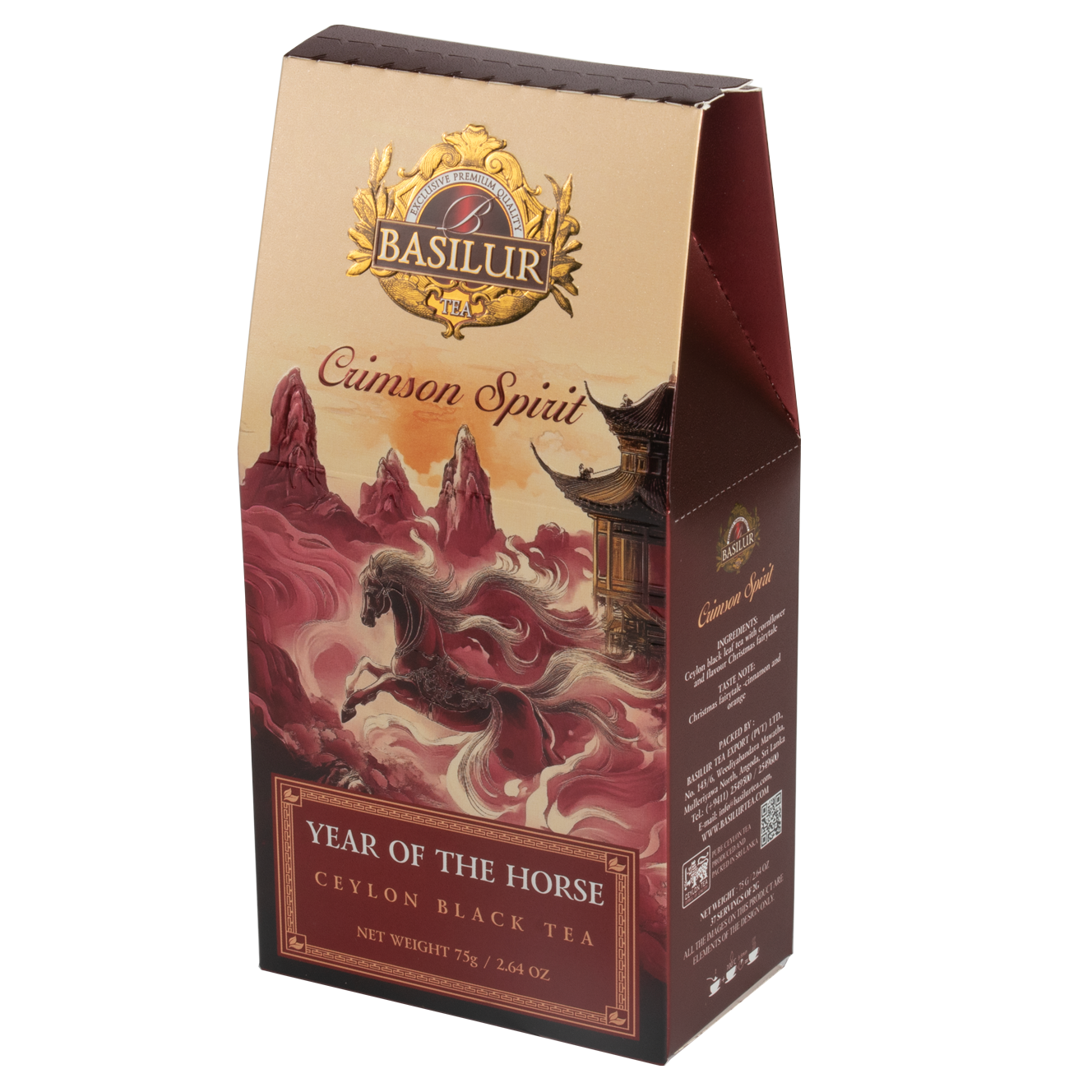 Herbata czarna Basilur Crimson Spirit w eleganckim czerwono-złotym opakowaniu z motywem konia, inspirowana orientem.
