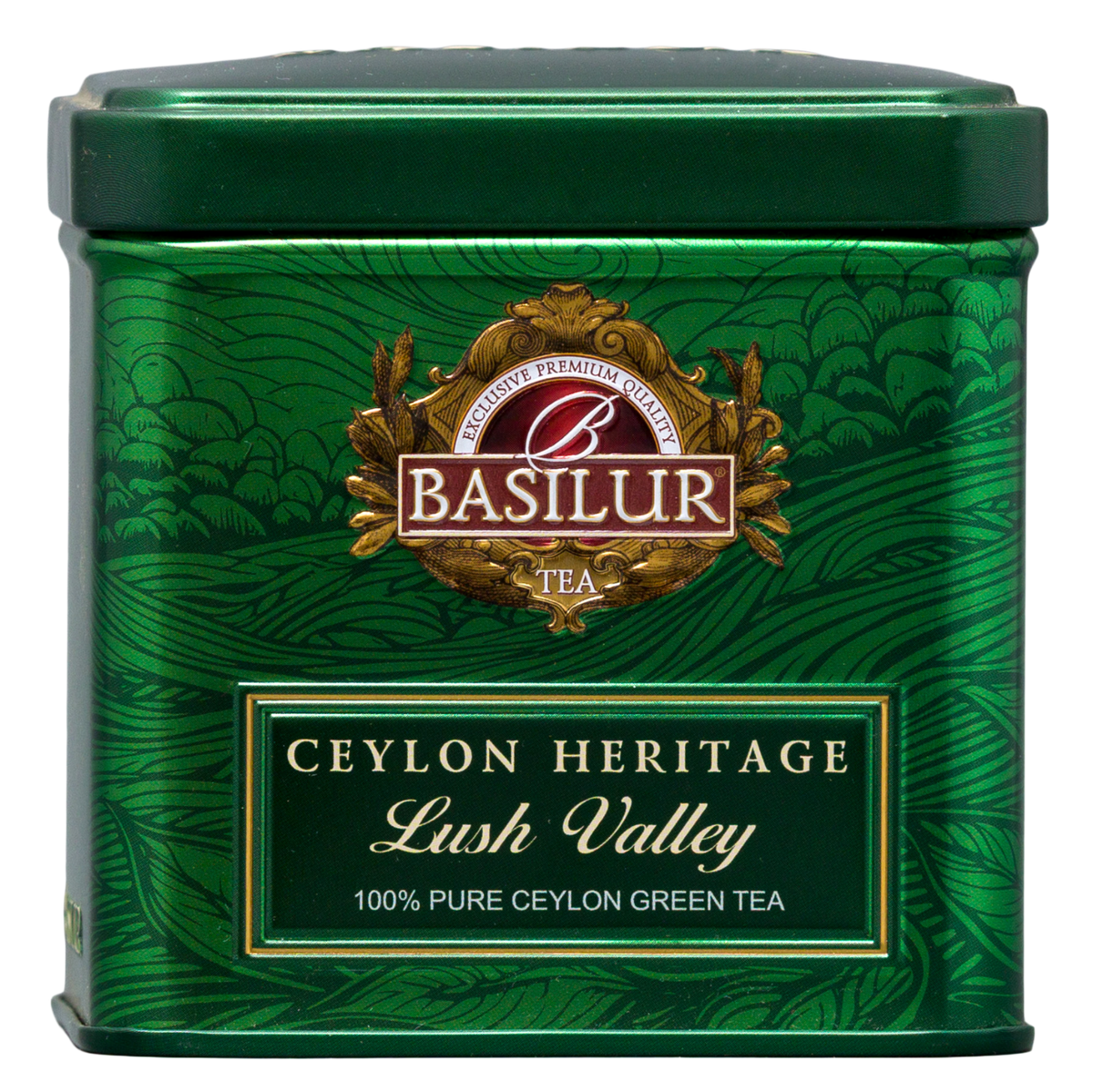 Basilur Lush Valley, cejlońska zielona herbata liściasta w zielonej metalowej puszce, widok z przodu