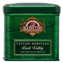 Basilur Lush Valley, cejlońska zielona herbata liściasta w zielonej metalowej puszce, widok z przodu