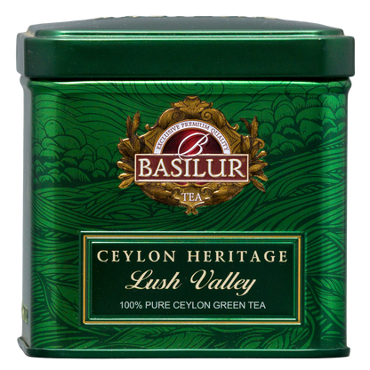 Basilur Lush Valley, cejlońska zielona herbata liściasta w zielonej metalowej puszce, widok z przodu