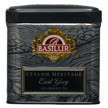 Basilur Earl Grey Ceylon Heritage 50 g, czarna ozdobna puszka herbaty widziana z przodu