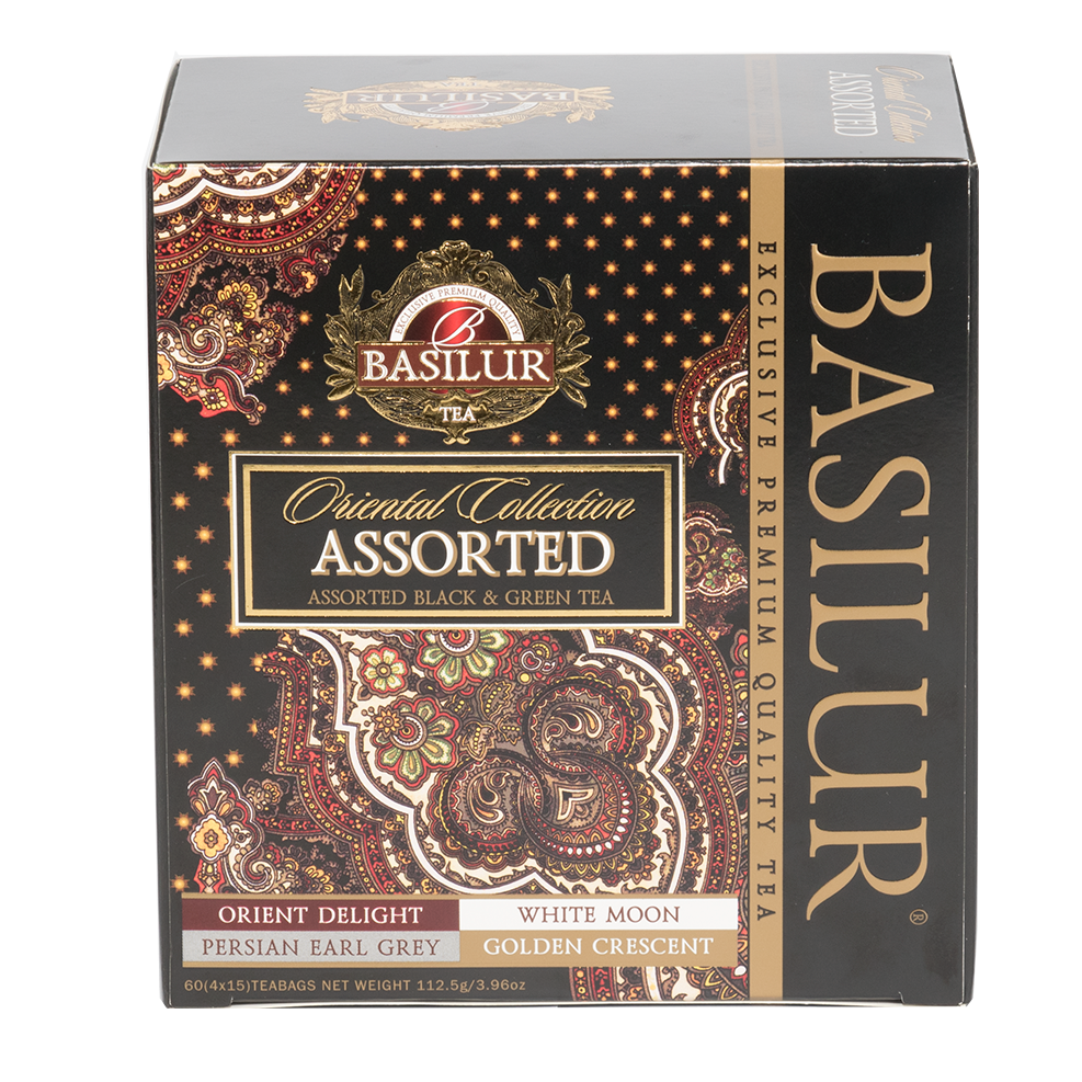 Zestaw herbat Basilur Oriental Collection w eleganckim czarno-złotym pudełku z orientalnym wzorem, 60 torebek.

