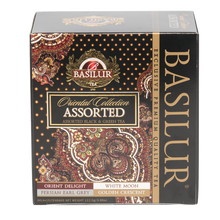 Zestaw herbat Basilur Oriental Collection w eleganckim czarno-złotym pudełku z orientalnym wzorem, 60 torebek.
