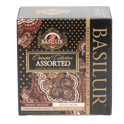 Zestaw herbat Basilur Oriental Collection w eleganckim czarno-złotym pudełku z orientalnym wzorem, 60 torebek.
