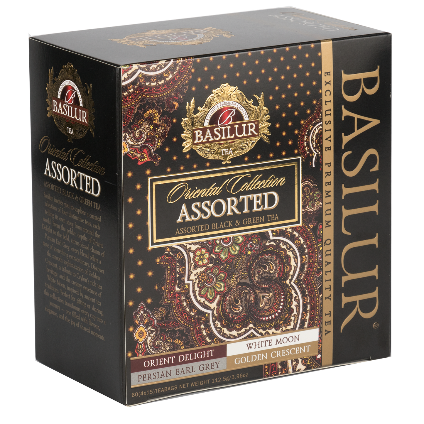 Opakowanie herbat Basilur Oriental Collection z orientalnym motywem i logo Basilur.

