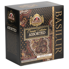 Opakowanie herbat Basilur Oriental Collection z orientalnym motywem i logo Basilur.
