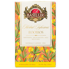 Front opakowania Basilur Rooibos 20 kopert, klasyczny rooibos w eleganckim kwiatowym pudełku.