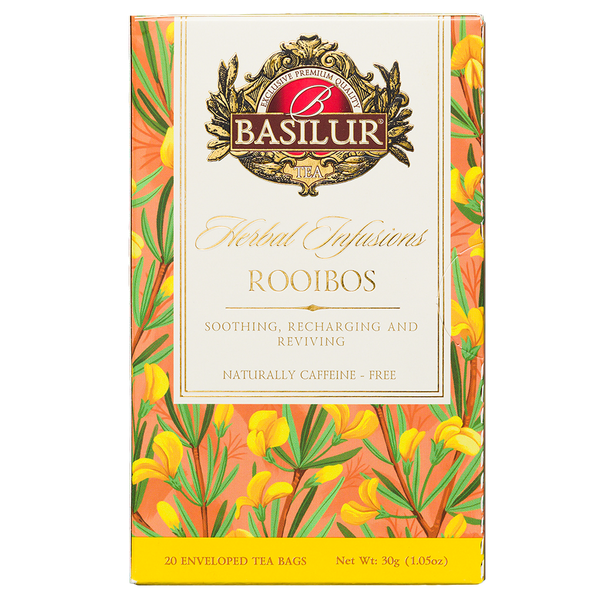 Front opakowania Basilur Rooibos 20 kopert, klasyczny rooibos w eleganckim kwiatowym pudełku.