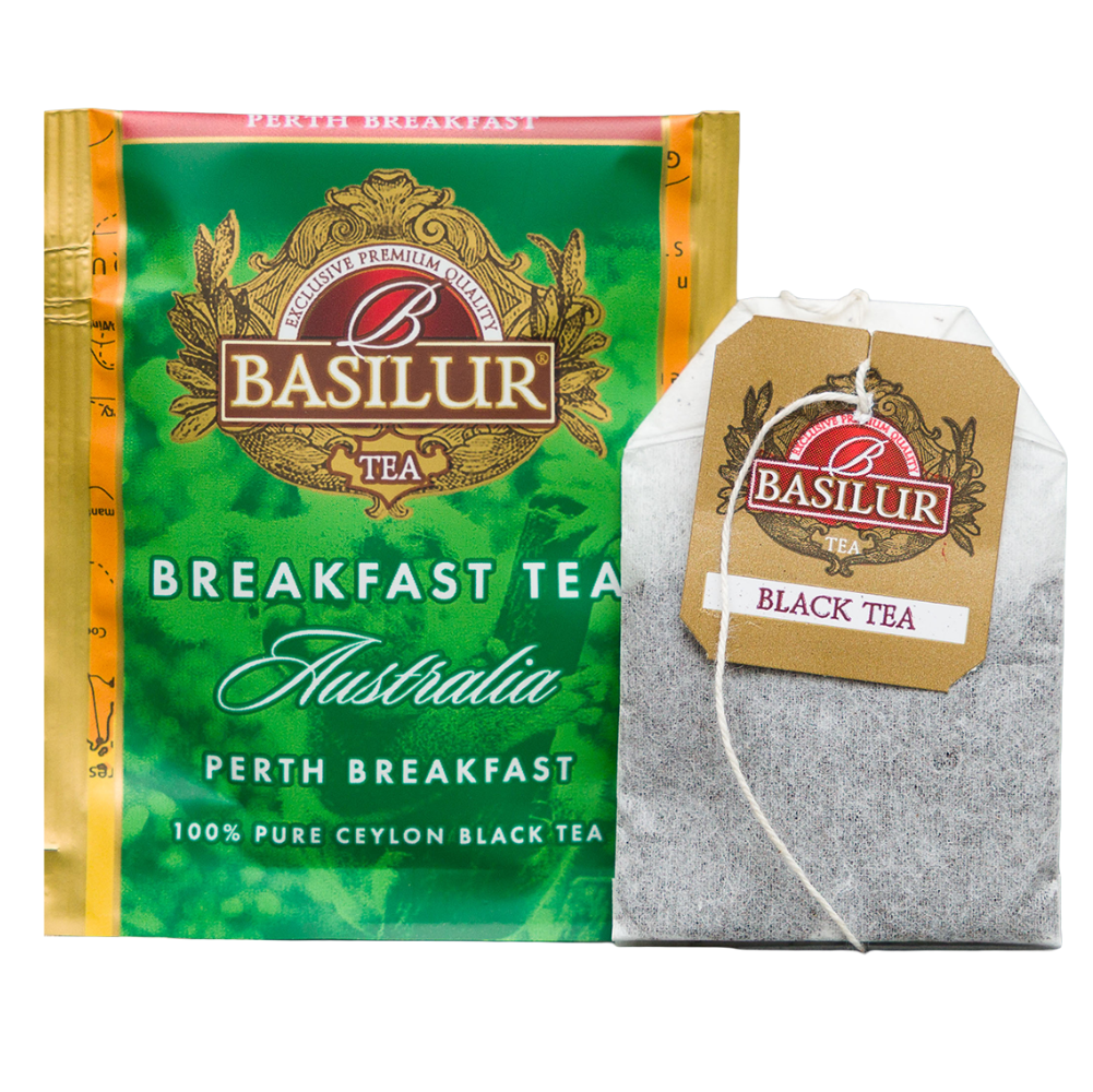 Basilur Perth Breakfast, koperta czarnej herbaty cejlońskiej i saszetka z zestawu Breakfast Tea Australia.