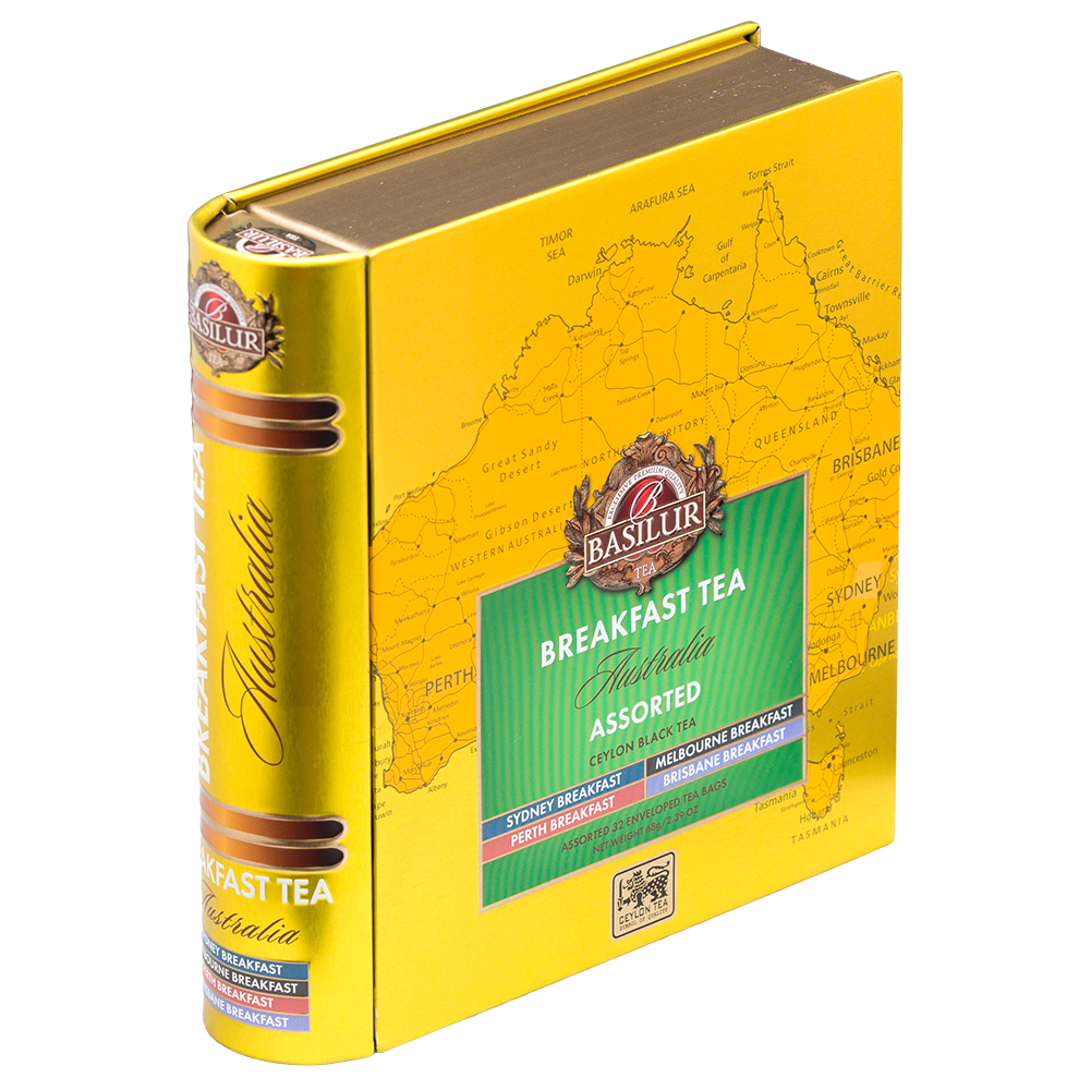 Zestaw herbat Basilur Breakfast Tea Australia w ozdobnym złotym opakowaniu z mapą Australii, widok pod kątem.