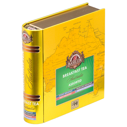 Zestaw herbat Basilur Breakfast Tea Australia w ozdobnym złotym opakowaniu z mapą Australii, widok pod kątem.