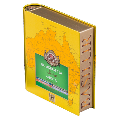 Dekoracyjne opakowanie Basilur Breakfast Tea Australia z mapą Australii i bocznym grzbietem w formie książki.