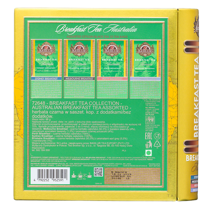 Tył opakowania zestawu Basilur Breakfast Tea Australia z opisem czterech wariantów czarnej herbaty cejlońskiej.