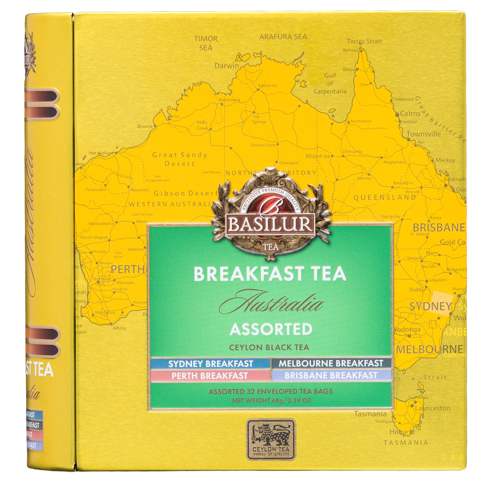 Zestaw Basilur Breakfast Tea Australia 32 koperty w złotym opakowaniu z mapą Australii, widok z przodu.