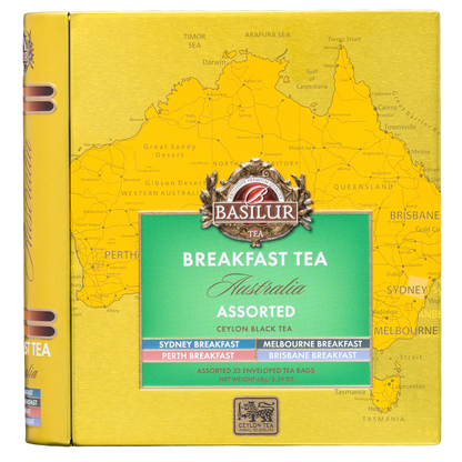 Zestaw Basilur Breakfast Tea Australia 32 koperty w złotym opakowaniu z mapą Australii, widok z przodu.