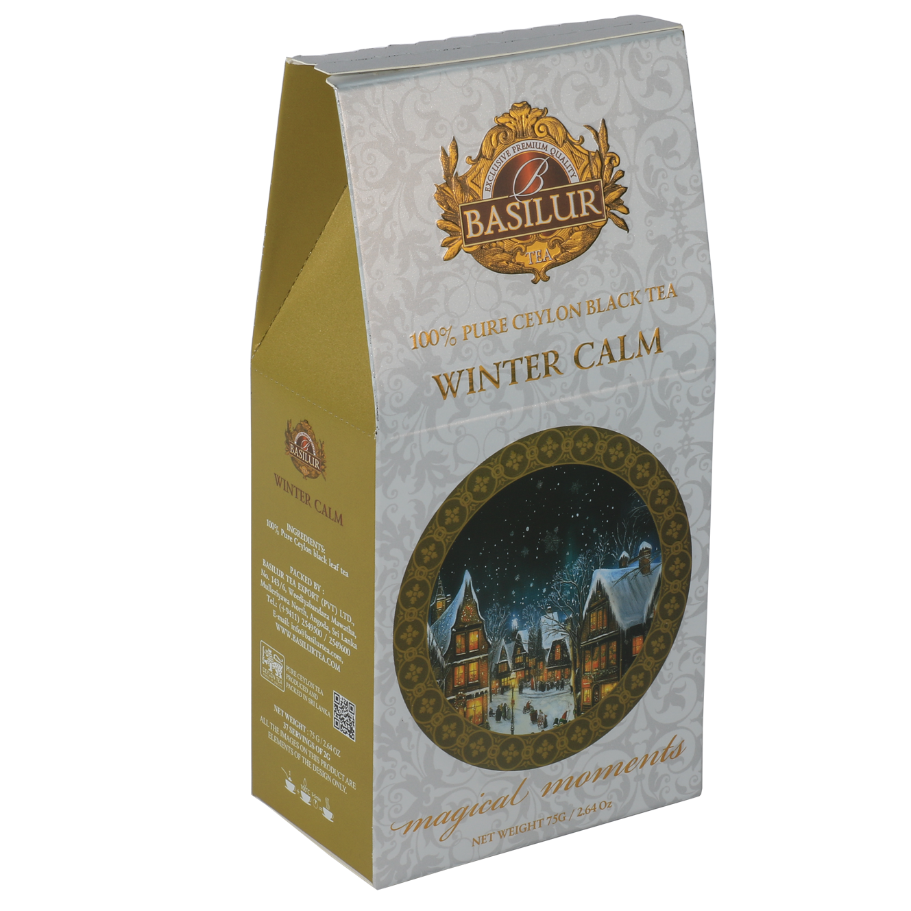 Herbata Basilur Winter Calm w jasnym zimowym opakowaniu z ilustracją ośnieżonego miasteczka liściasta czarna herbata cejlońska premium
