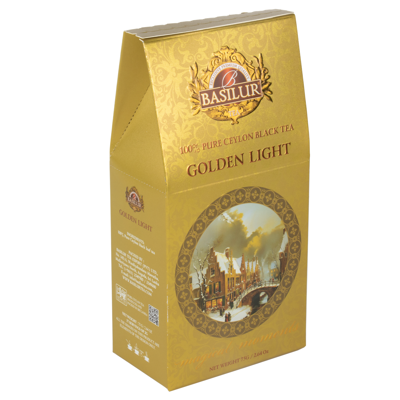 Herbata Basilur Golden Light – czarna herbata cejlońska w złotym opakowaniu z zimowym motywem.