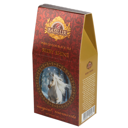 Opakowanie herbaty Basilur Ruby Shine – czarna herbata cejlońska w świątecznej odsłonie, doskonała na prezent.