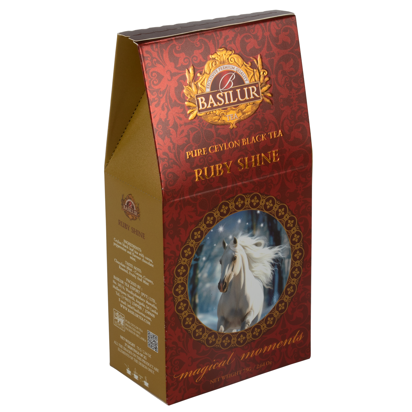 Opakowanie herbaty Basilur Ruby Shine – czarna herbata cejlońska w świątecznej odsłonie, doskonała na prezent.