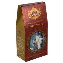 Opakowanie herbaty Basilur Ruby Shine – czarna herbata cejlońska w świątecznej odsłonie, doskonała na prezent.