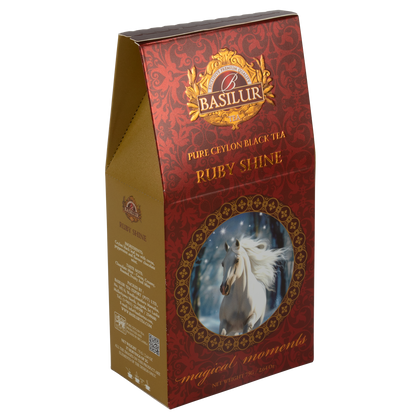 Opakowanie herbaty Basilur Ruby Shine – czarna herbata cejlońska w świątecznej odsłonie, doskonała na prezent.