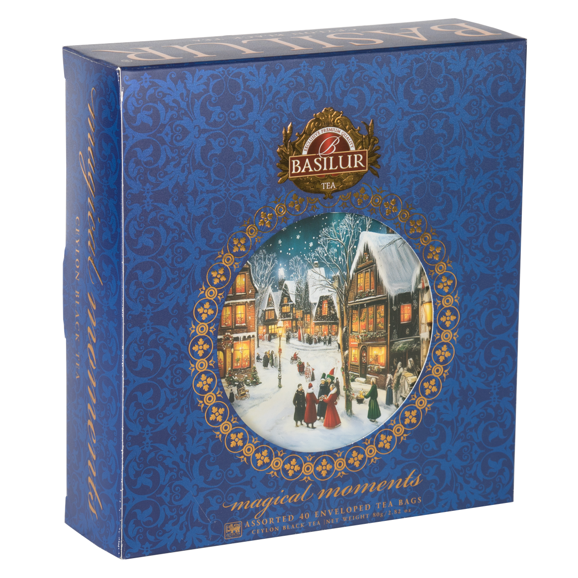 Zestaw herbat Basilur Magical Moments Winter Fairytale I w ozdobnym niebieskim opakowaniu z zimową ilustracją idealny jako prezent i do promocji herbaty premium
