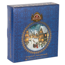 Zestaw herbat Basilur Magical Moments Winter Fairytale I w ozdobnym niebieskim opakowaniu z zimową ilustracją idealny jako prezent i do promocji herbaty premium