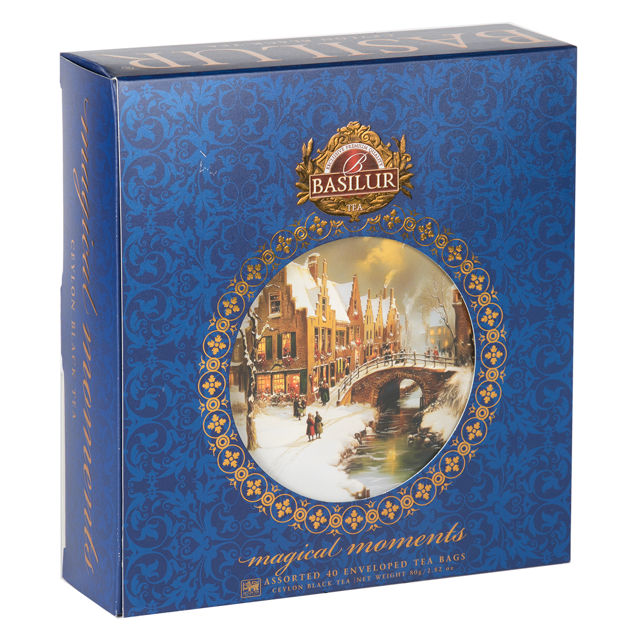 Zestaw herbat Basilur Magical Moments II w ozdobnym niebieskim opakowaniu z zimową ilustracją prezentujący cztery smaki herbat idealny na zimę