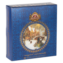 Zestaw herbat Basilur Magical Moments II w ozdobnym niebieskim opakowaniu z zimową ilustracją prezentujący cztery smaki herbat idealny na zimę