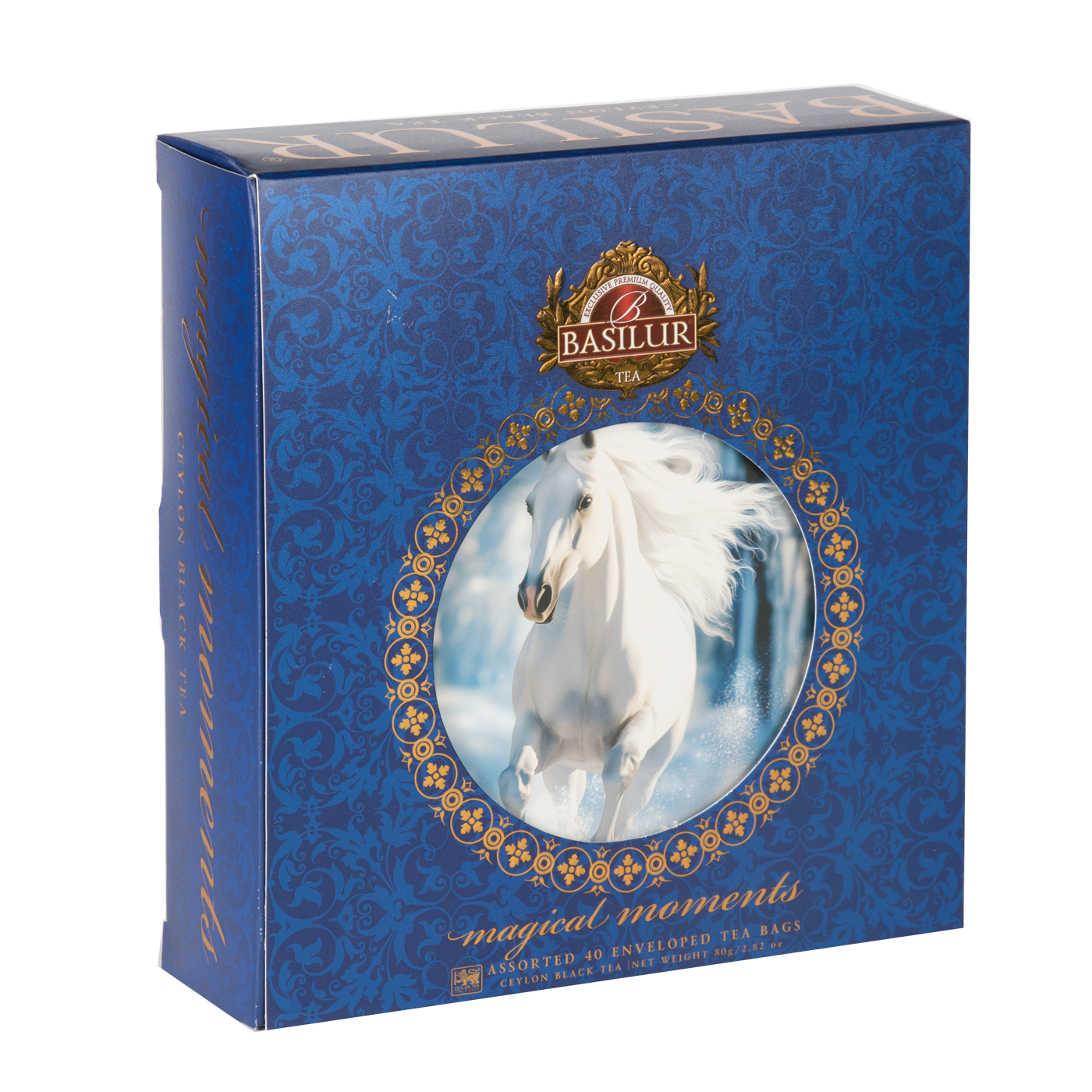 Zestaw herbat Basilur Magical Moments III w ozdobnym niebieskim opakowaniu z ilustracją białego konia prezentujący cztery smaki herbat zimowych