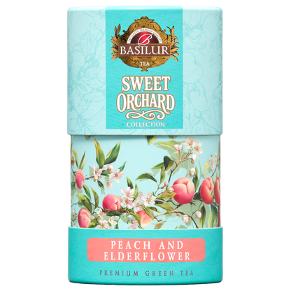Herbata zielona Basilur Peach & Elderflower w ozdobnej turkusowej tubie z motywem brzoskwiń i kwiatów.